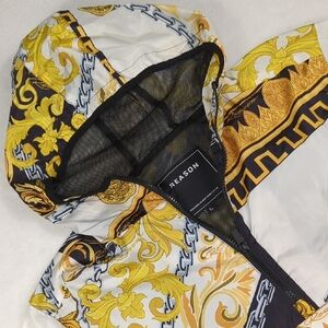 Reason Ornate Gold and Black Hooded Windbreaker Jacket Size Large‎